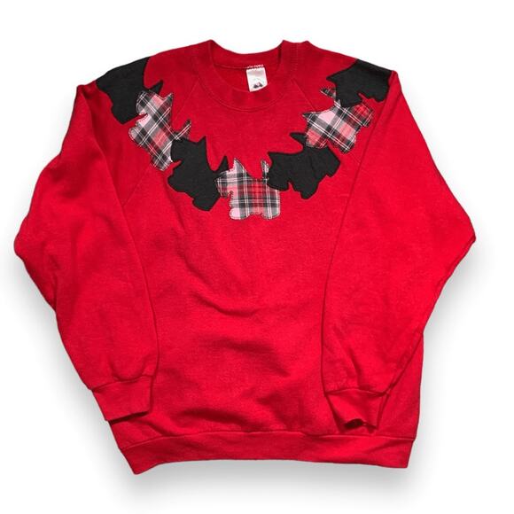 Vintage 80s Red Scottie Dog Applique Sweatshirt XL Plaid Preppy Holiday OOAK - Picture 4 of 9